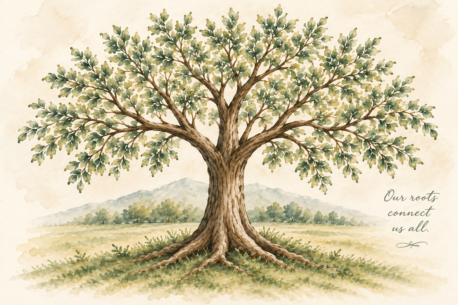 Watercolor family tree with the words Our roots connect us all